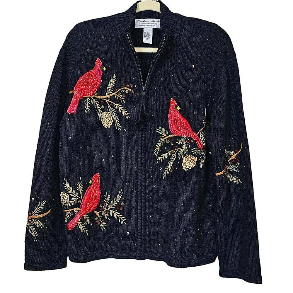 🐦Vintage Tiara International Zip Front Sequin Cardinal Cardigan Sweater Size L